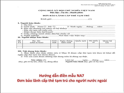 Mẫu NA7, Đơn xin bảo lãnh cấp thẻ tạm trú cho người nước ngoài tại Việt Nam